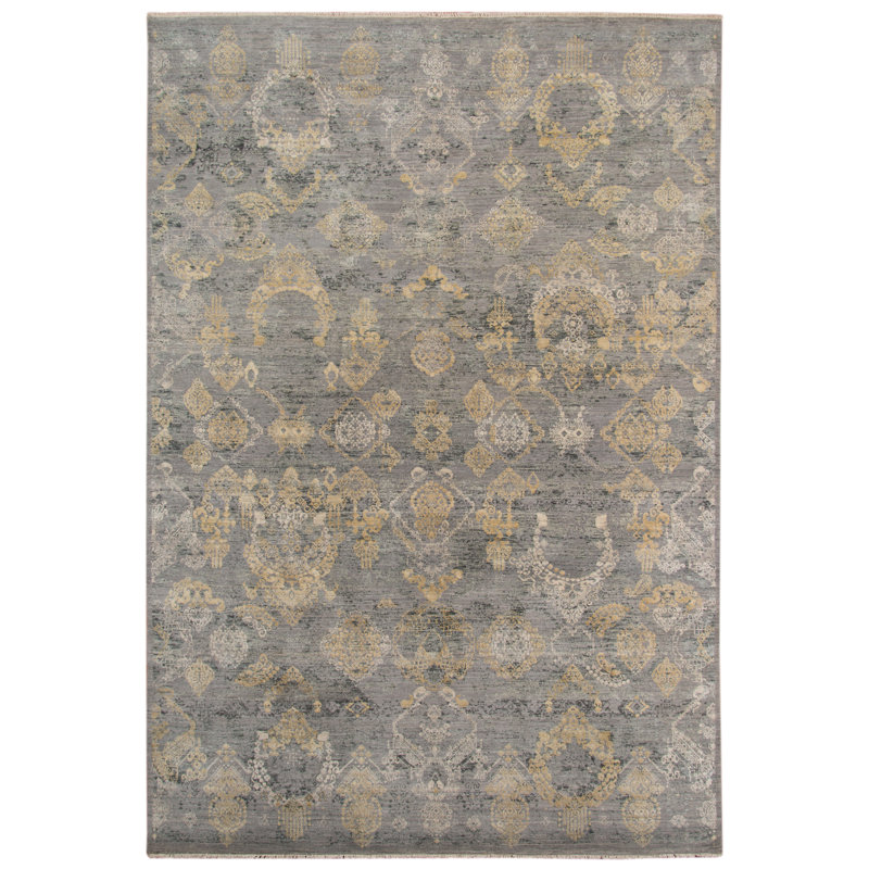 Gray and Gold Hand-Knotted Wool Silk Area Rug