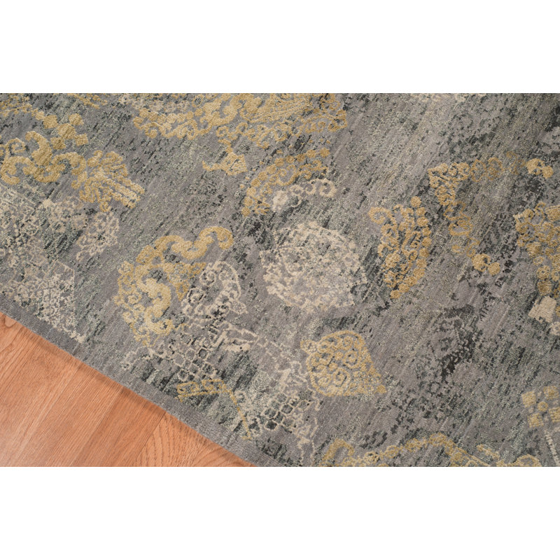 Gray and Gold Hand-Knotted Wool Silk Area Rug