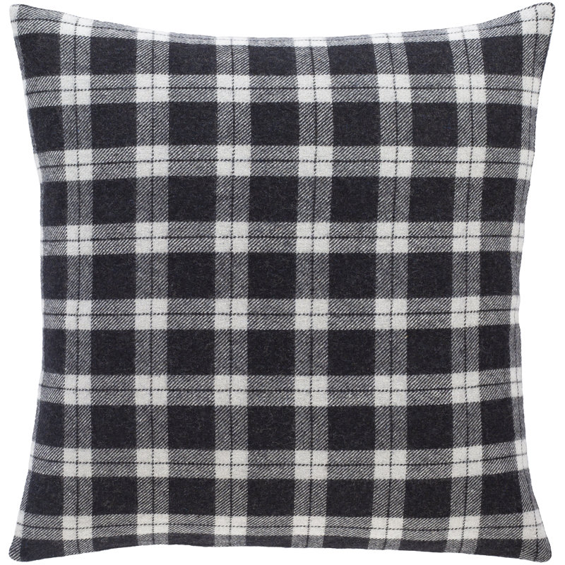 Black and White Plaid Wool Blend Square Throw Pillow