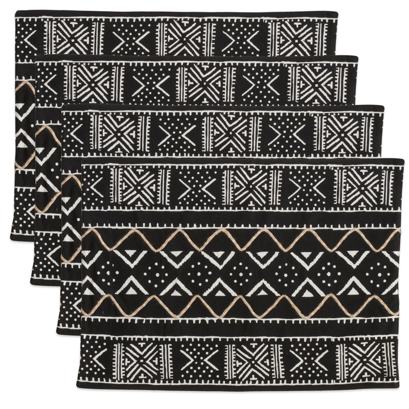 Black and White Cotton Geometric Mud Cloth Placemats