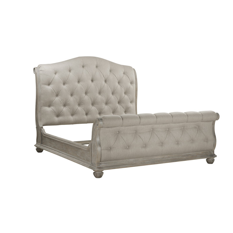 Cottage Beige Queen Upholstered Tufted Sleigh Bed with Oak Details