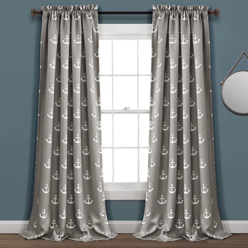 Navy Anchor Print Blackout Polyester Window Curtains