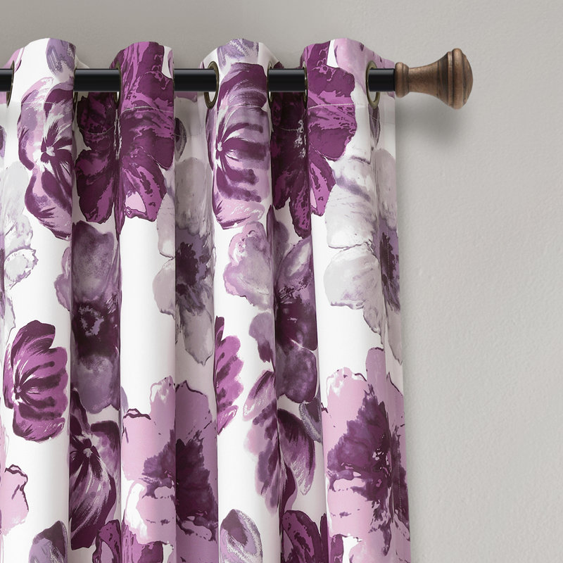 Leah Purple and Gray Floral Room Darkening Curtains, 52"W x 95"L