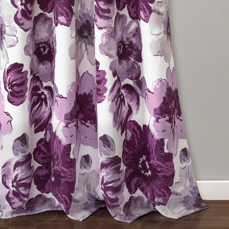 Leah Purple and Gray Floral Room Darkening Curtains, 52"W x 95"L