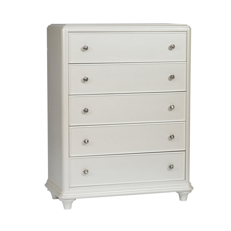 Stardust Iridescent White 5-Drawer Dresser with Crystal Knobs
