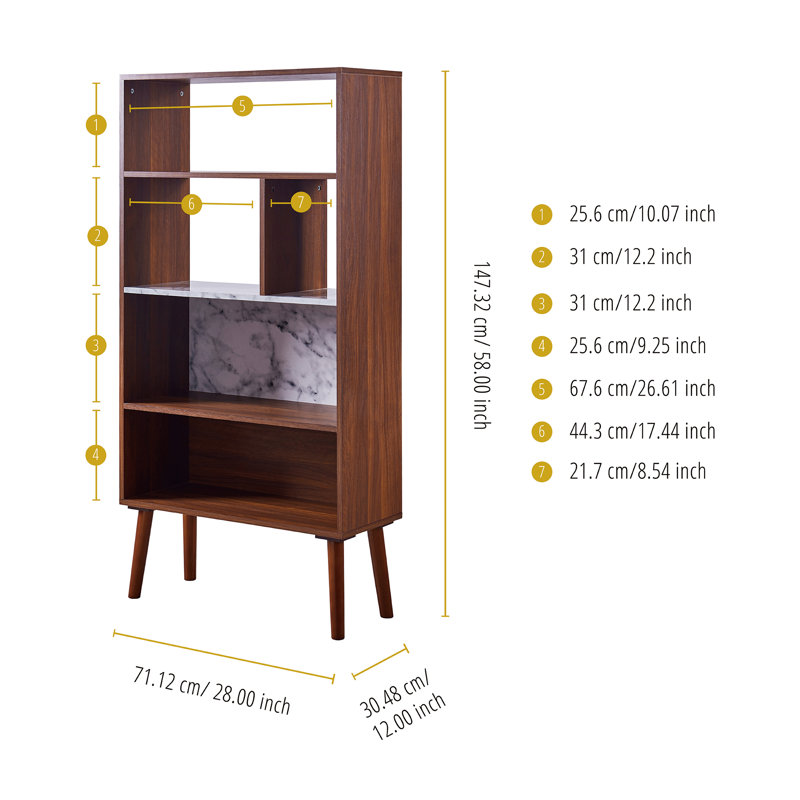 Kingston Mid-Century Modern White Walnut Bookcase with Faux Marble Top