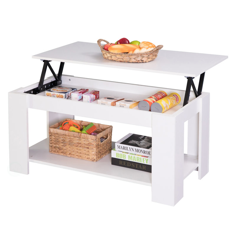 White Rectangular Wood Lift-Top Coffee Table with Storage