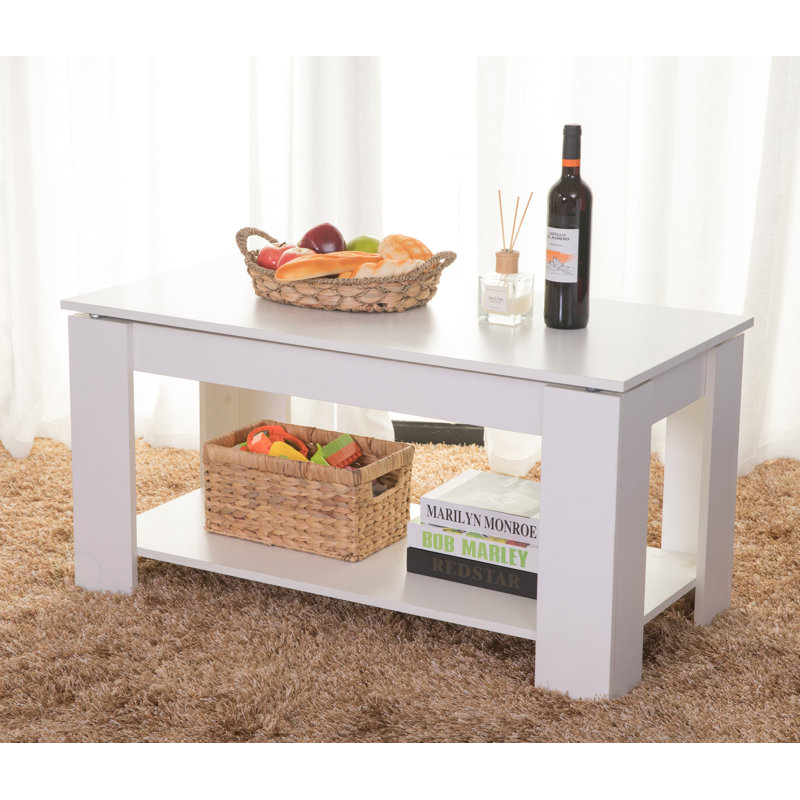 White Rectangular Wood Lift-Top Coffee Table with Storage