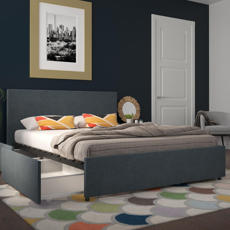 Elegant Navy Blue Linen Queen Storage Bed with Upholstered Headboard
