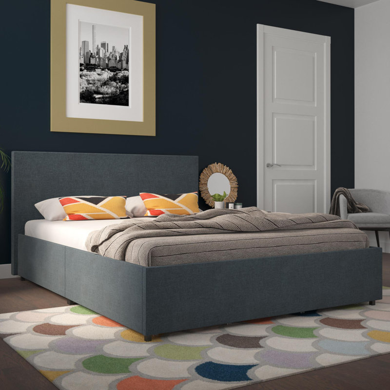 Elegant Navy Blue Linen Queen Storage Bed with Upholstered Headboard