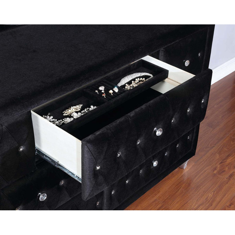 Deanna 60'' Black Velvet 7-Drawer Dresser with Crystal Pulls
