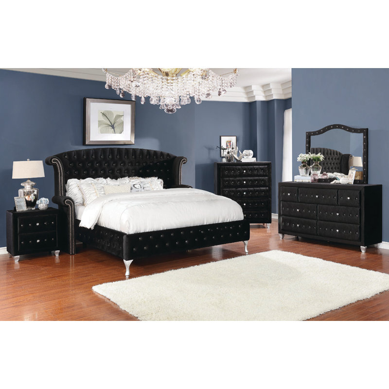 Deanna 60'' Black Velvet 7-Drawer Dresser with Crystal Pulls