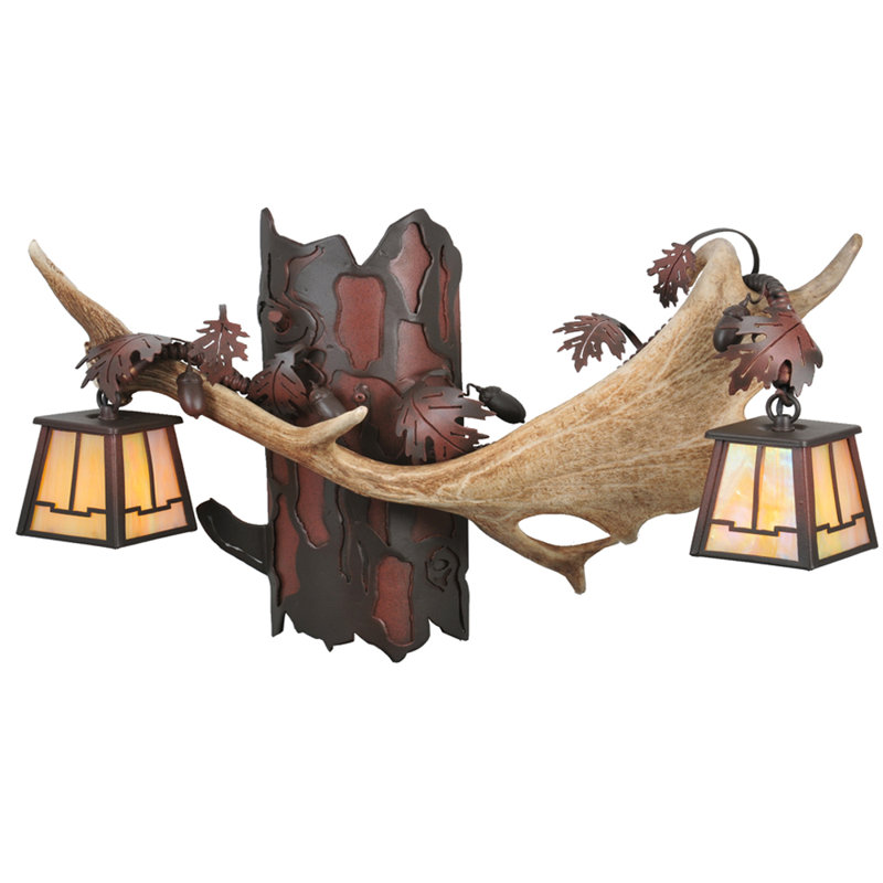 Rustic Fallow Deer Antler 2-Light Brown Iron Wall Sconce