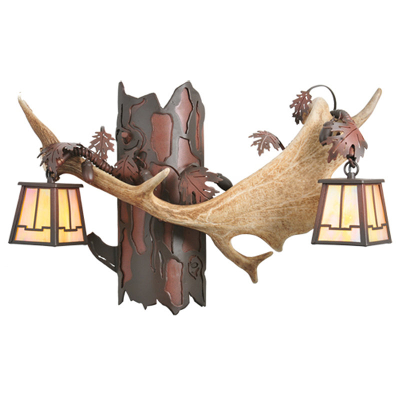 Rustic Fallow Deer Antler 2-Light Brown Iron Wall Sconce