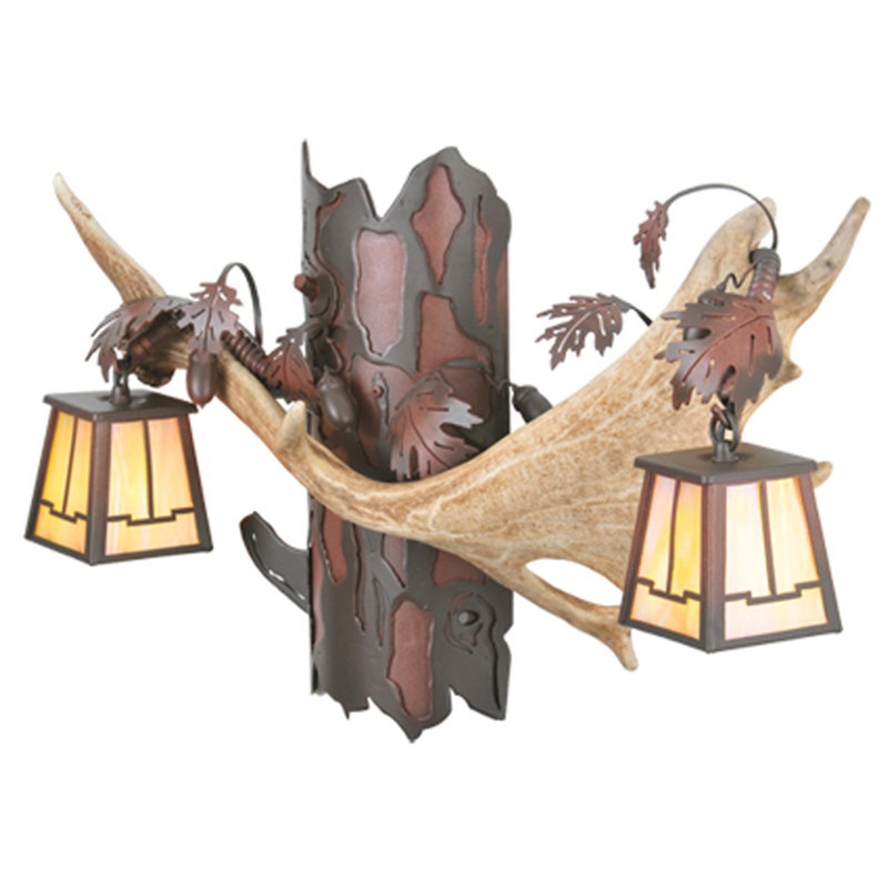 Rustic Fallow Deer Antler 2-Light Brown Iron Wall Sconce