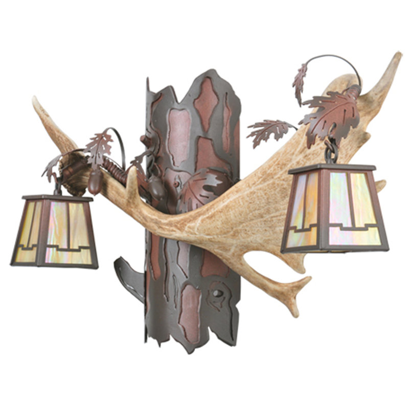 Rustic Fallow Deer Antler 2-Light Brown Iron Wall Sconce
