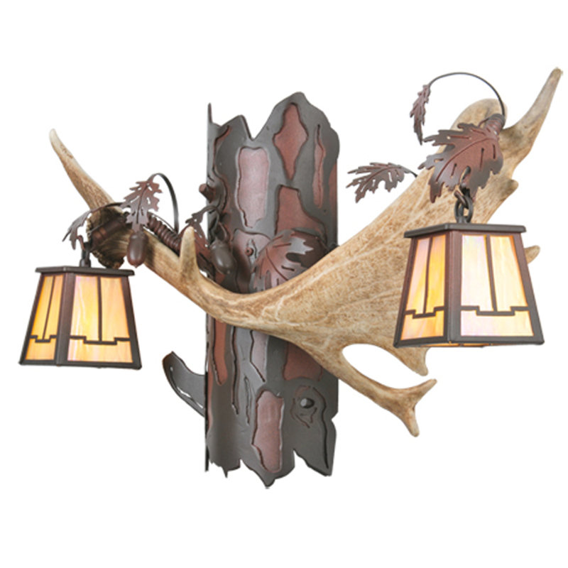 Rustic Fallow Deer Antler 2-Light Brown Iron Wall Sconce