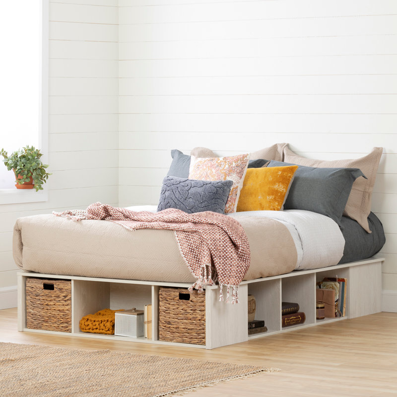 Winter Oak Queen Storage Platform Bed with Wicker Baskets