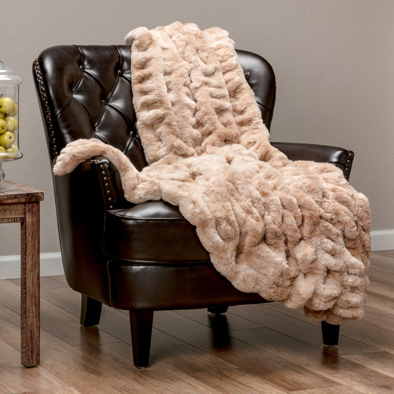 Beige Faux Fur Reversible Throw Blanket 50" x 65"