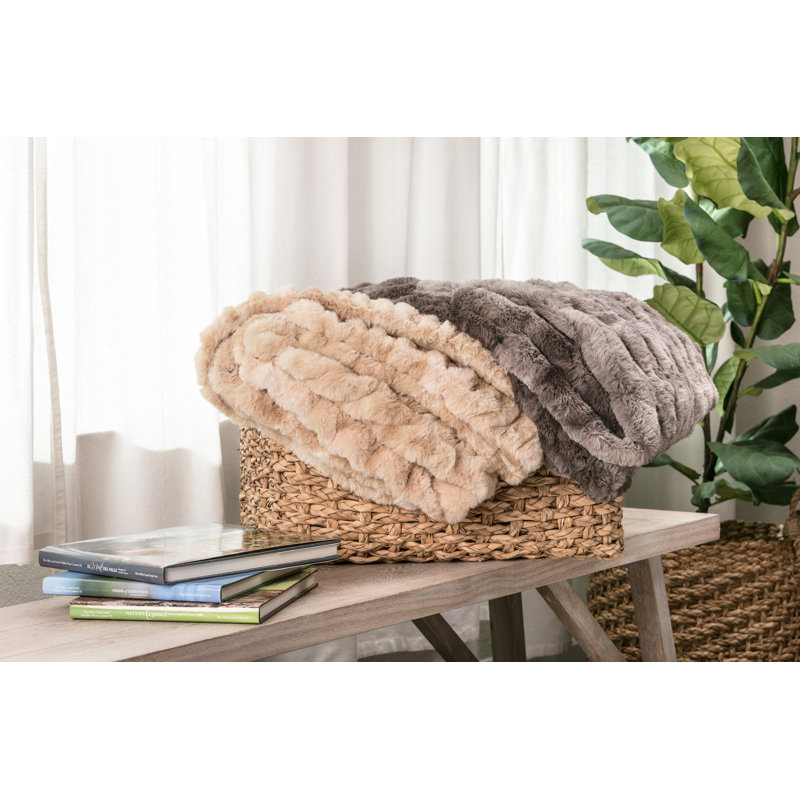 Beige Faux Fur Reversible Throw Blanket 50" x 65"