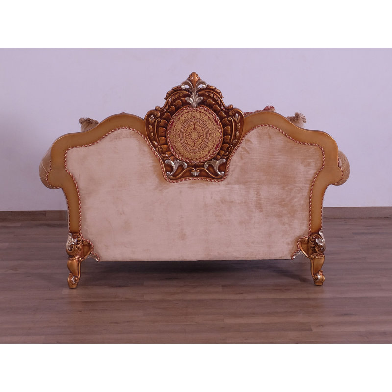 Antique Brown and Gold Mahogany Upholstered Loveseat
