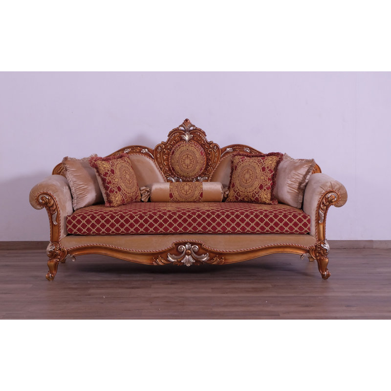 Antique Brown and Gold Mahogany Upholstered Loveseat