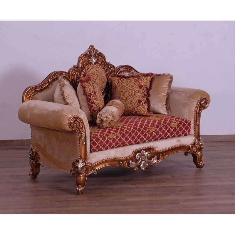 Antique Brown and Gold Mahogany Upholstered Loveseat