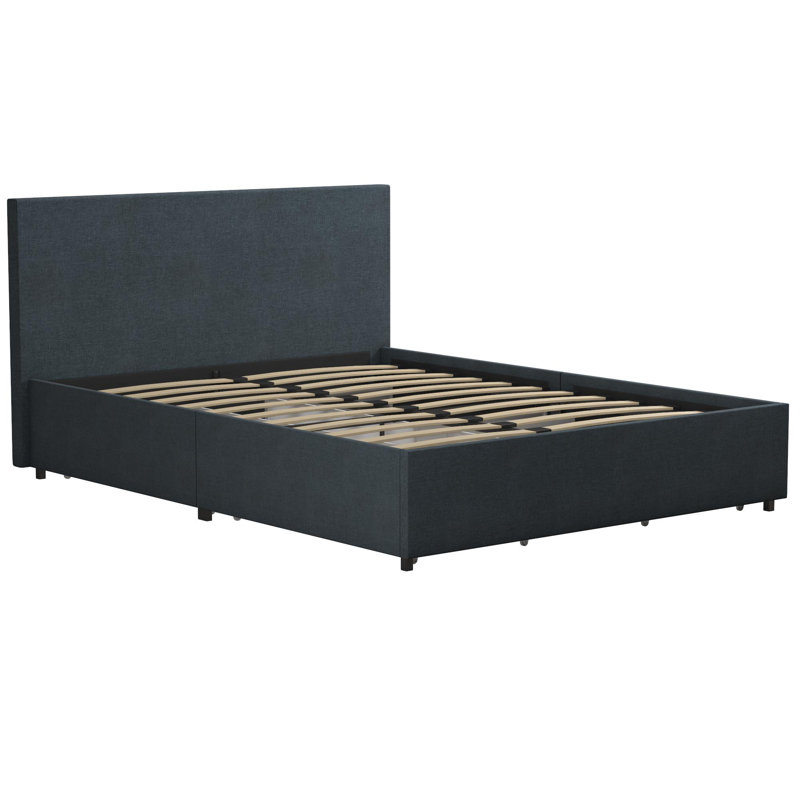 Elegant Navy Blue Linen Queen Storage Bed with Upholstered Headboard