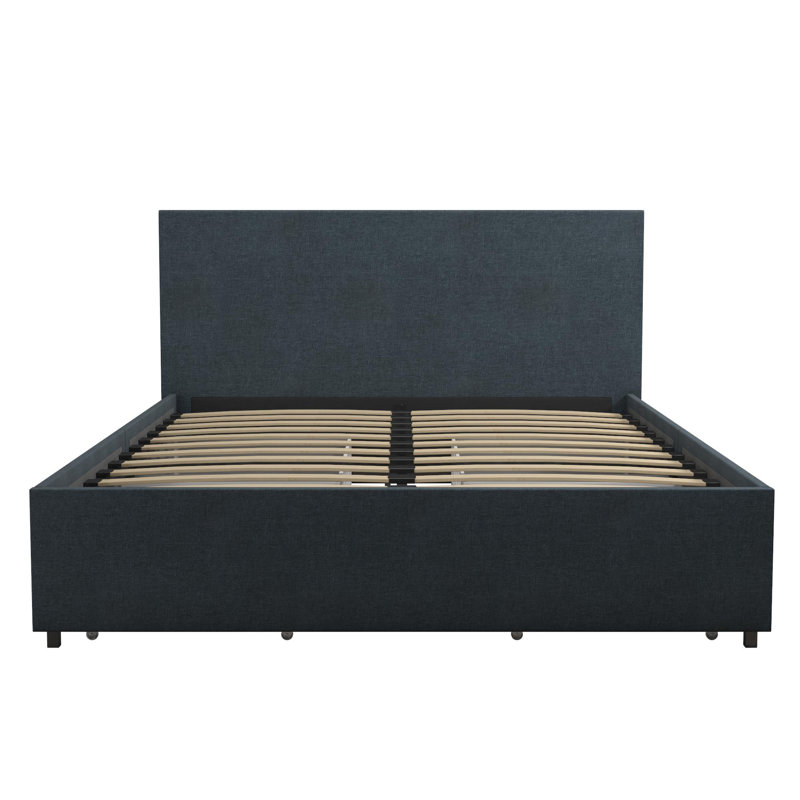Elegant Navy Blue Linen Queen Storage Bed with Upholstered Headboard