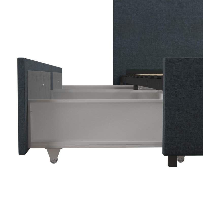 Elegant Navy Blue Linen Queen Storage Bed with Upholstered Headboard
