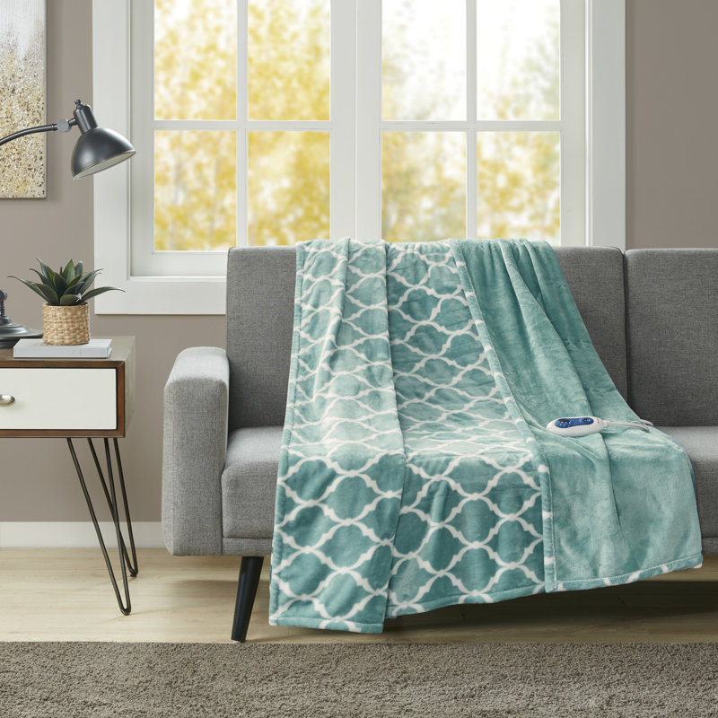 Aqua Geometric Oversized Electric Heated Throw Blanket