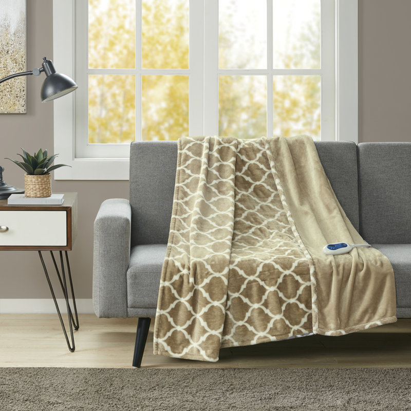 Tan Electric Knitted Reversible Machine Washable Throw Blanket