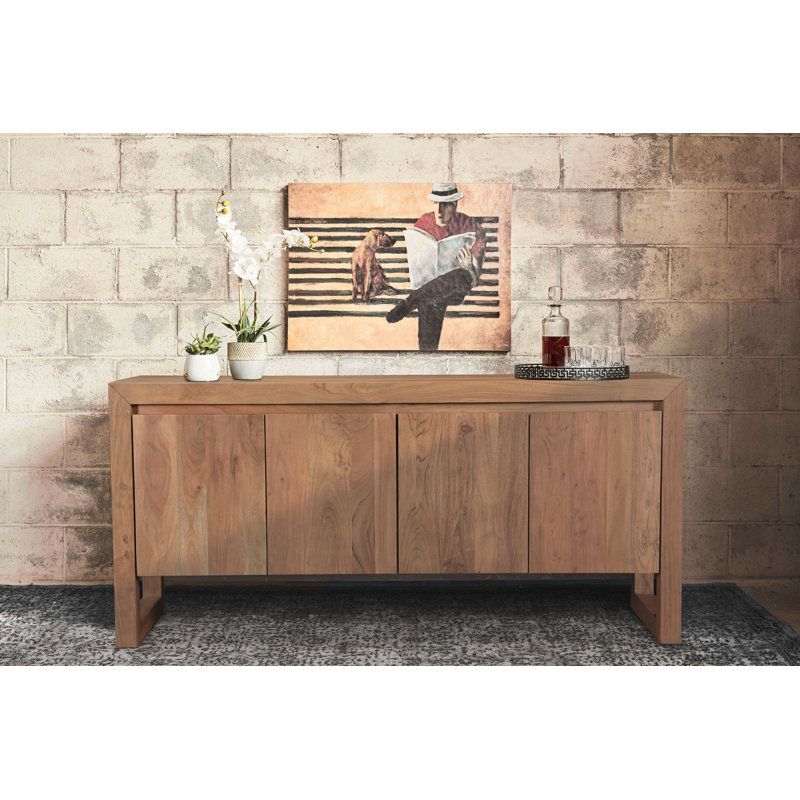 Whitewashed Acacia Wood Buffet with 4 Doors and 2 Shelves