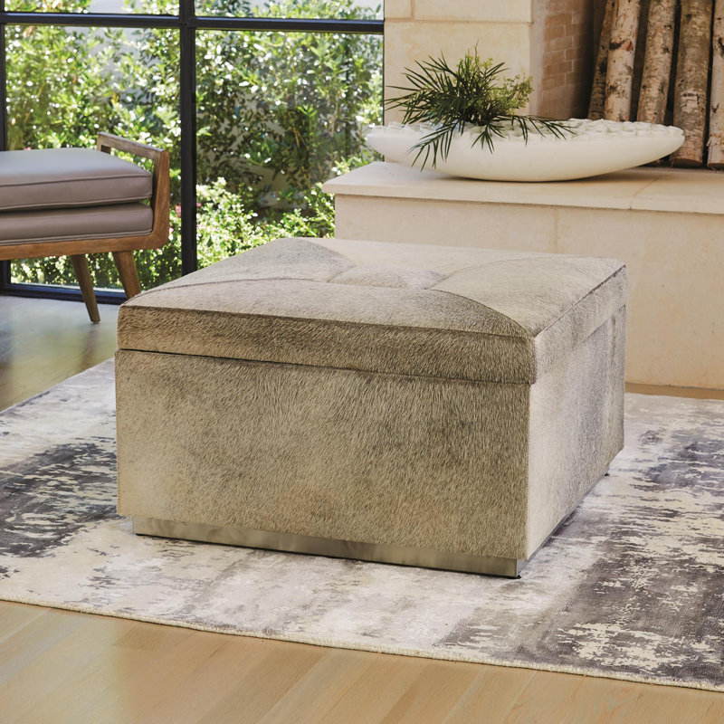Luxurious Grey Cowhide Leather Square Storage Ottoman with Silver Accents