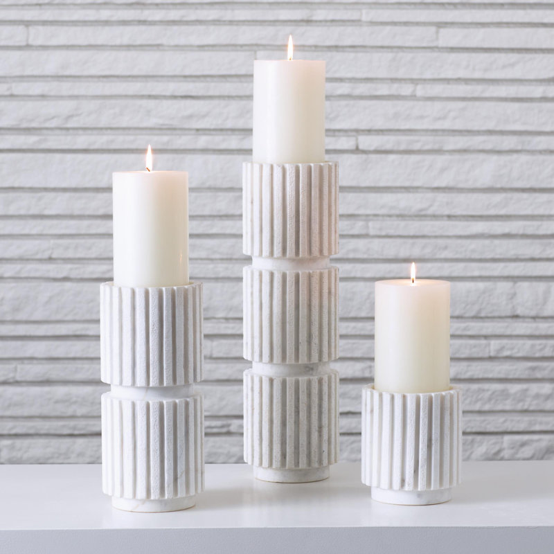 Large Hand-Carved White Marble Pillar Candle Holder