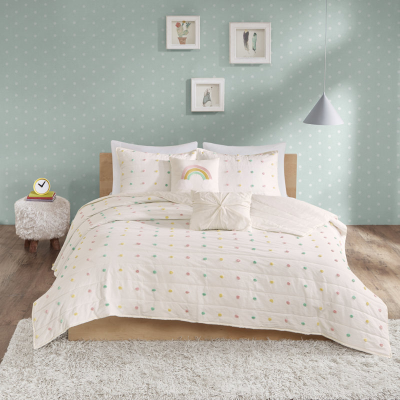 Callie Pom Pom Cotton Jacquard Full/Queen Quilt Set in Cream/Aqua/Teal