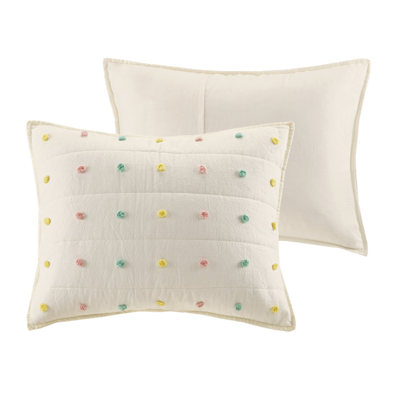 Callie Pom Pom Cotton Jacquard Full/Queen Quilt Set in Cream/Aqua/Teal