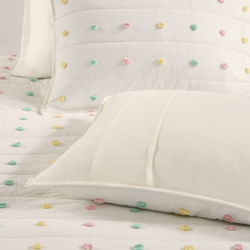 Callie Pom Pom Cotton Jacquard Full/Queen Quilt Set in Cream/Aqua/Teal