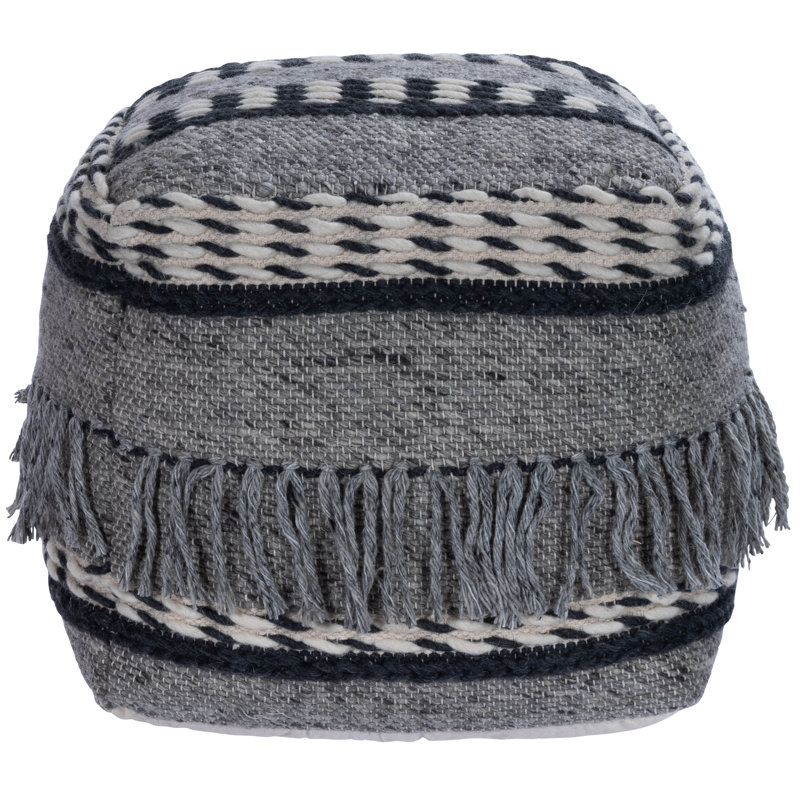 Brynn Square Gray Cotton-Wool Tasseled Pouffe 110"