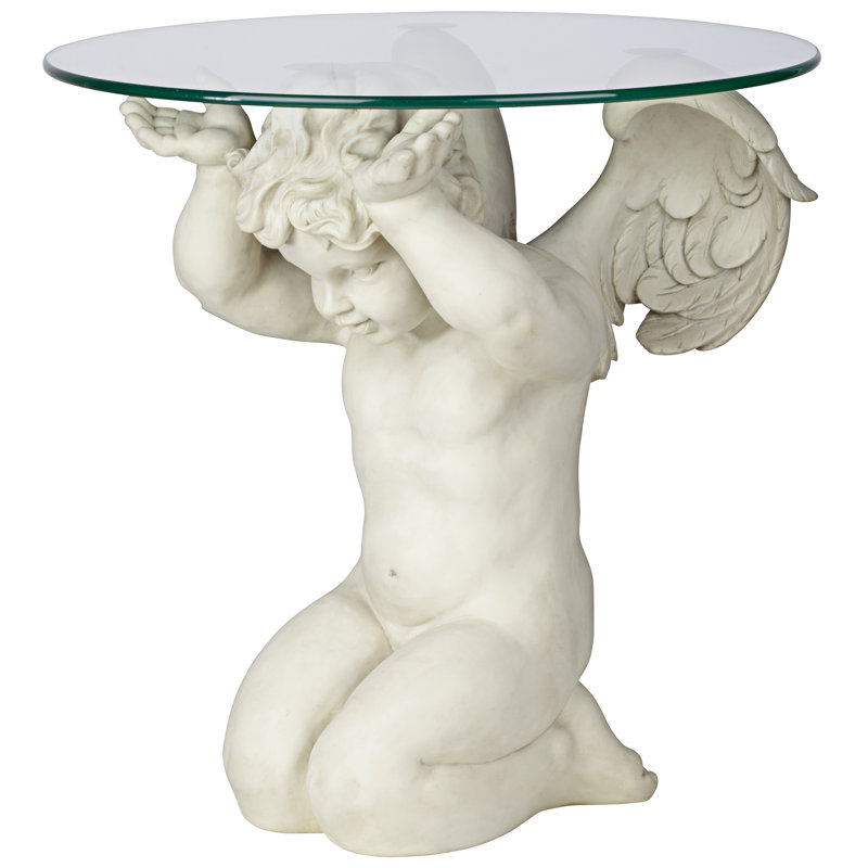 Celestial Cherub 21" Glass-Topped Resin End Table in Antique Stone