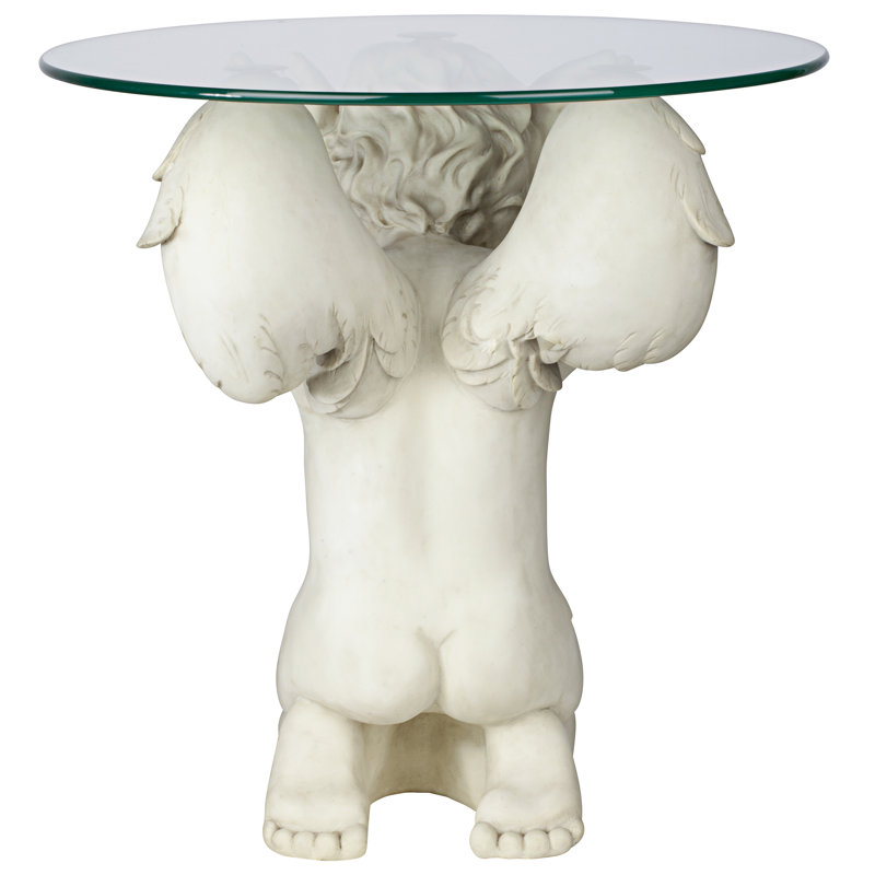 Celestial Cherub 21" Glass-Topped Resin End Table in Antique Stone