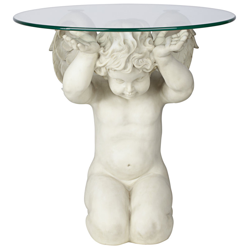 Celestial Cherub 21" Glass-Topped Resin End Table in Antique Stone
