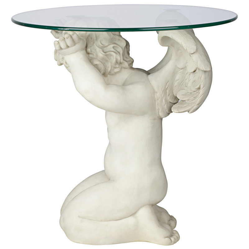 Celestial Cherub 21" Glass-Topped Resin End Table in Antique Stone