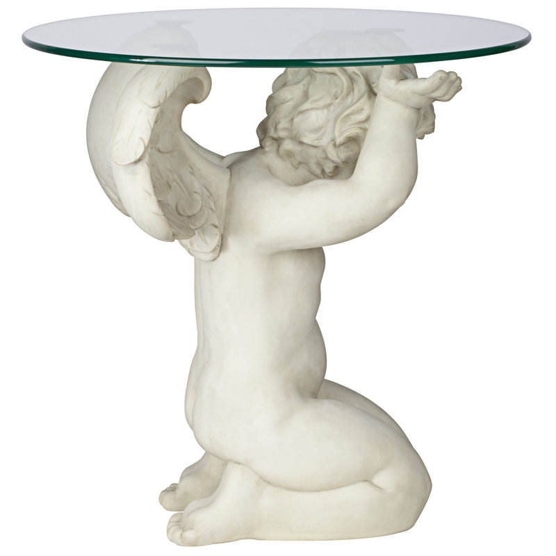 Celestial Cherub 21" Glass-Topped Resin End Table in Antique Stone
