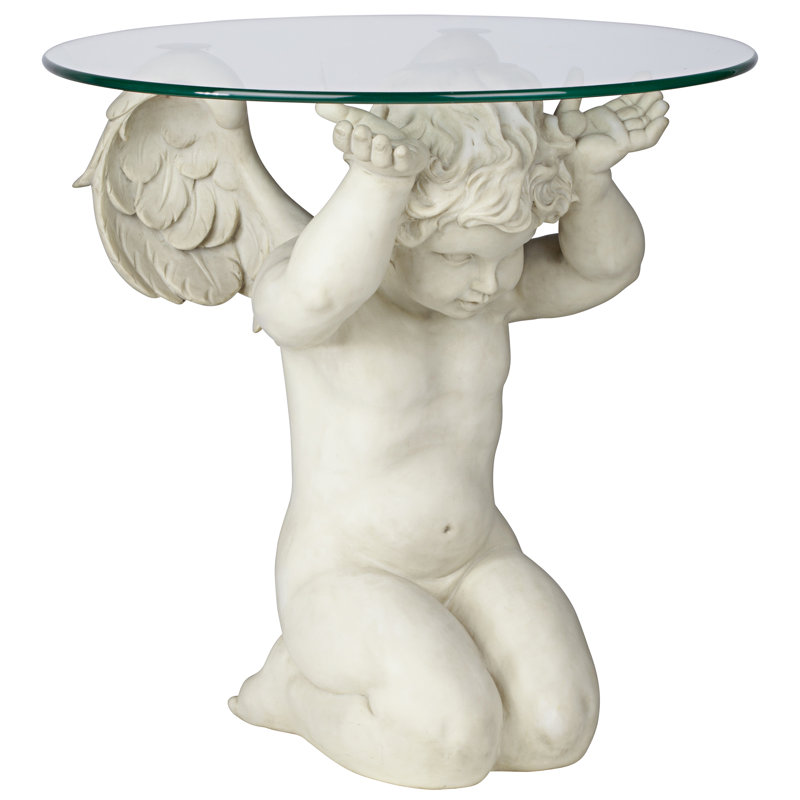 Celestial Cherub 21" Glass-Topped Resin End Table in Antique Stone