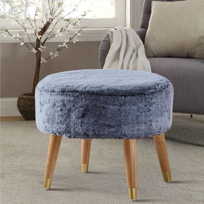 Black Faux Fur Oval Ottoman with Wooden Legs