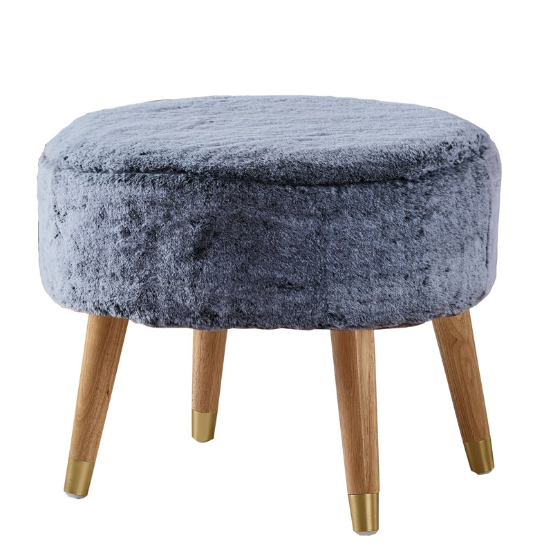 Black Faux Fur Oval Ottoman with Wooden Legs
