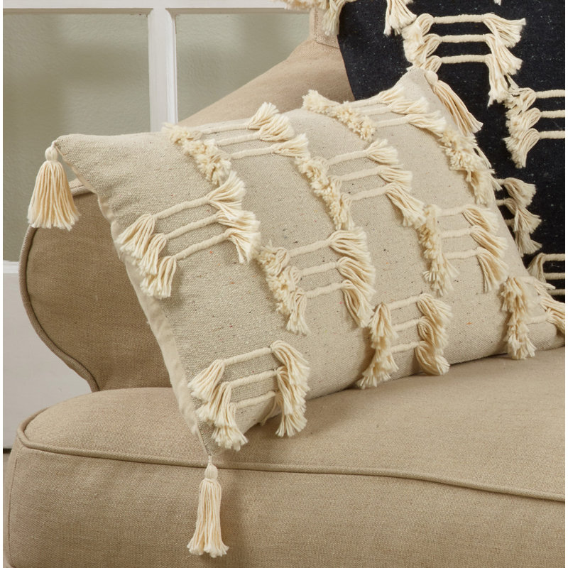 Natural Cotton Rectangular Throw Pillow with Tassels