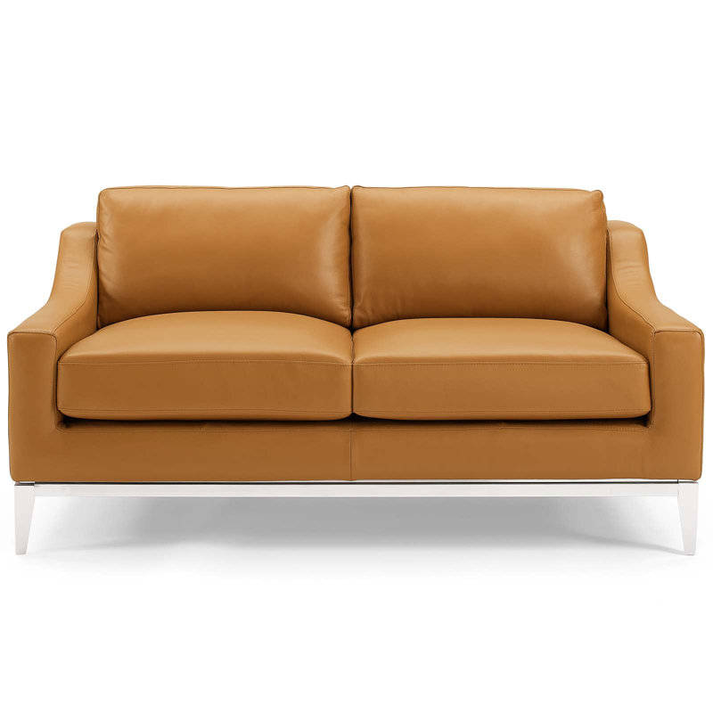 Modern Tan Leather Loveseat with Stainless Steel Base and Removable Cushions