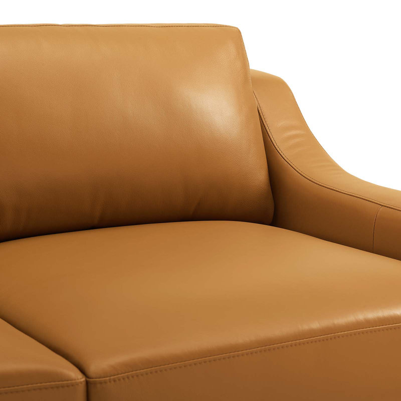 Modern Tan Leather Loveseat with Stainless Steel Base and Removable Cushions